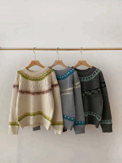 // 30%綿羊毛超美撞色花紋毛衣