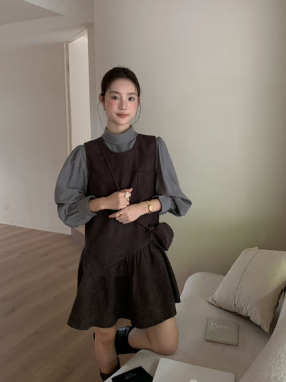 // 壓褶翻領silky BL+麂皮絨荷葉腳背心OPS套裝(連袋仔)