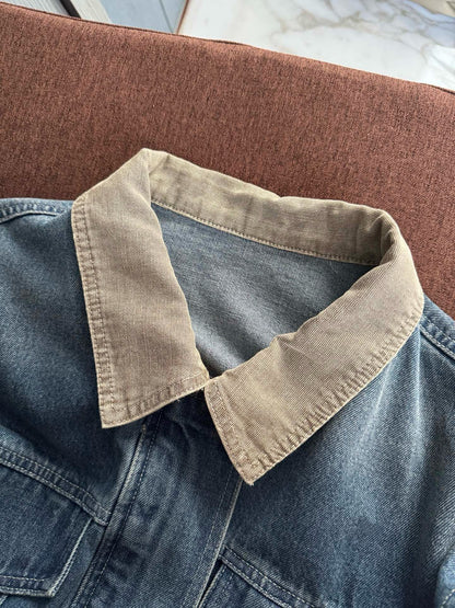 // 中古風拼領拉鍊牛仔外套