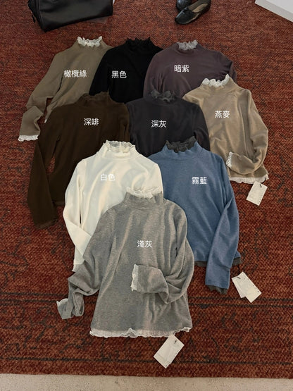 B198 / 半高領拼接lace打底TEE