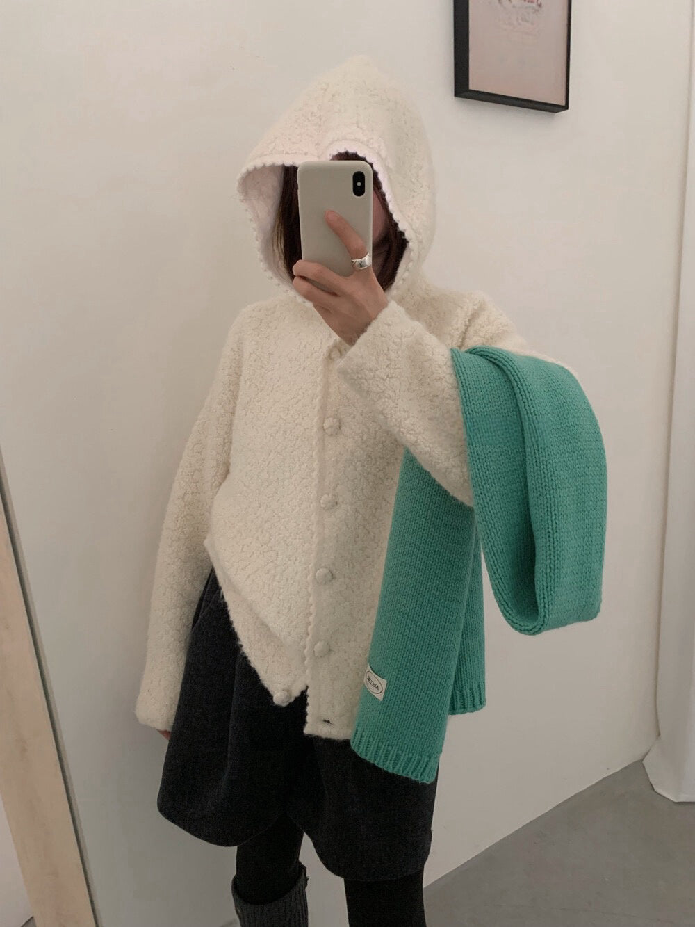 // 超柔軟圈圈絨連帽花邊外套