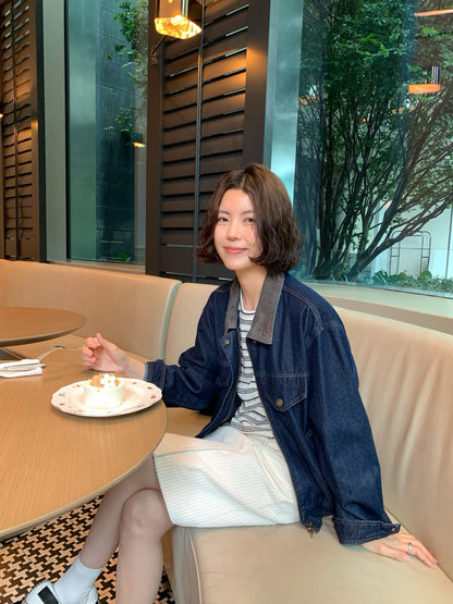 // 中古風拼領拉鍊牛仔外套