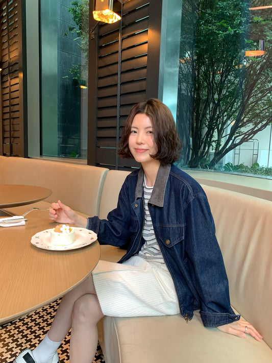 // 中古風拼領拉鍊牛仔外套