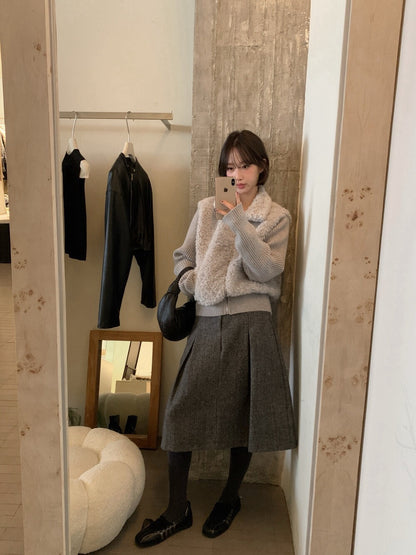 // 設計感毛毛翻領拼接織紋拉鍊外套