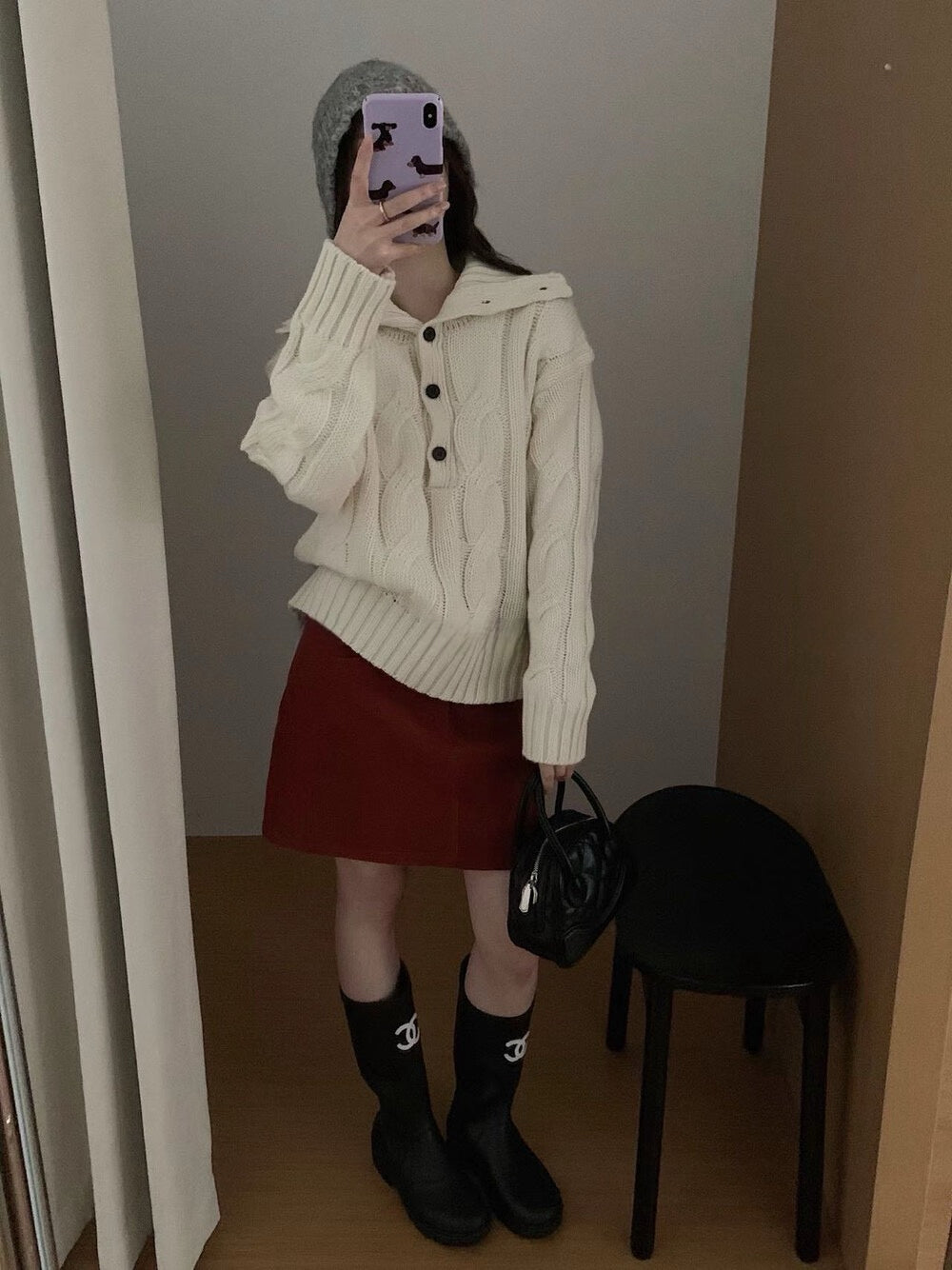 // 30%羊毛可立領鈕扣麻花毛衣