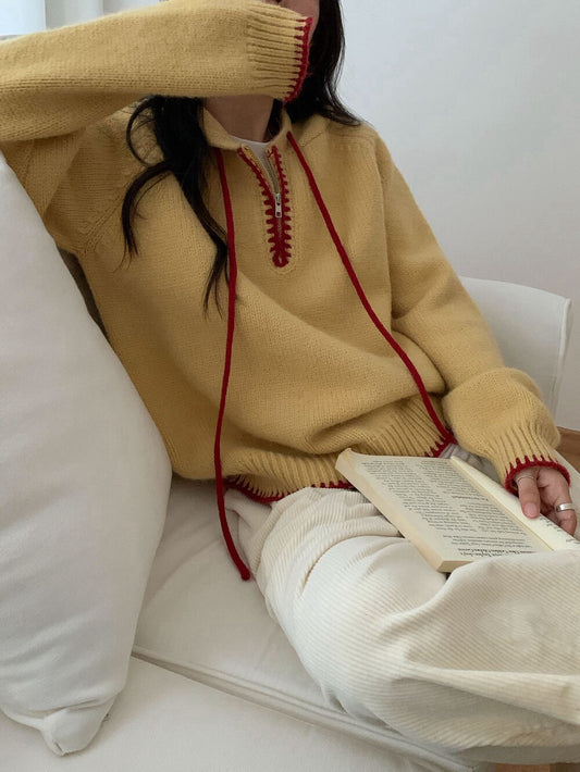 // 撞色半拉鍊連帽軟糯毛衣