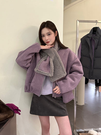 // 皮毛一體圓領拉鏈外套(連頸巾+袋仔)