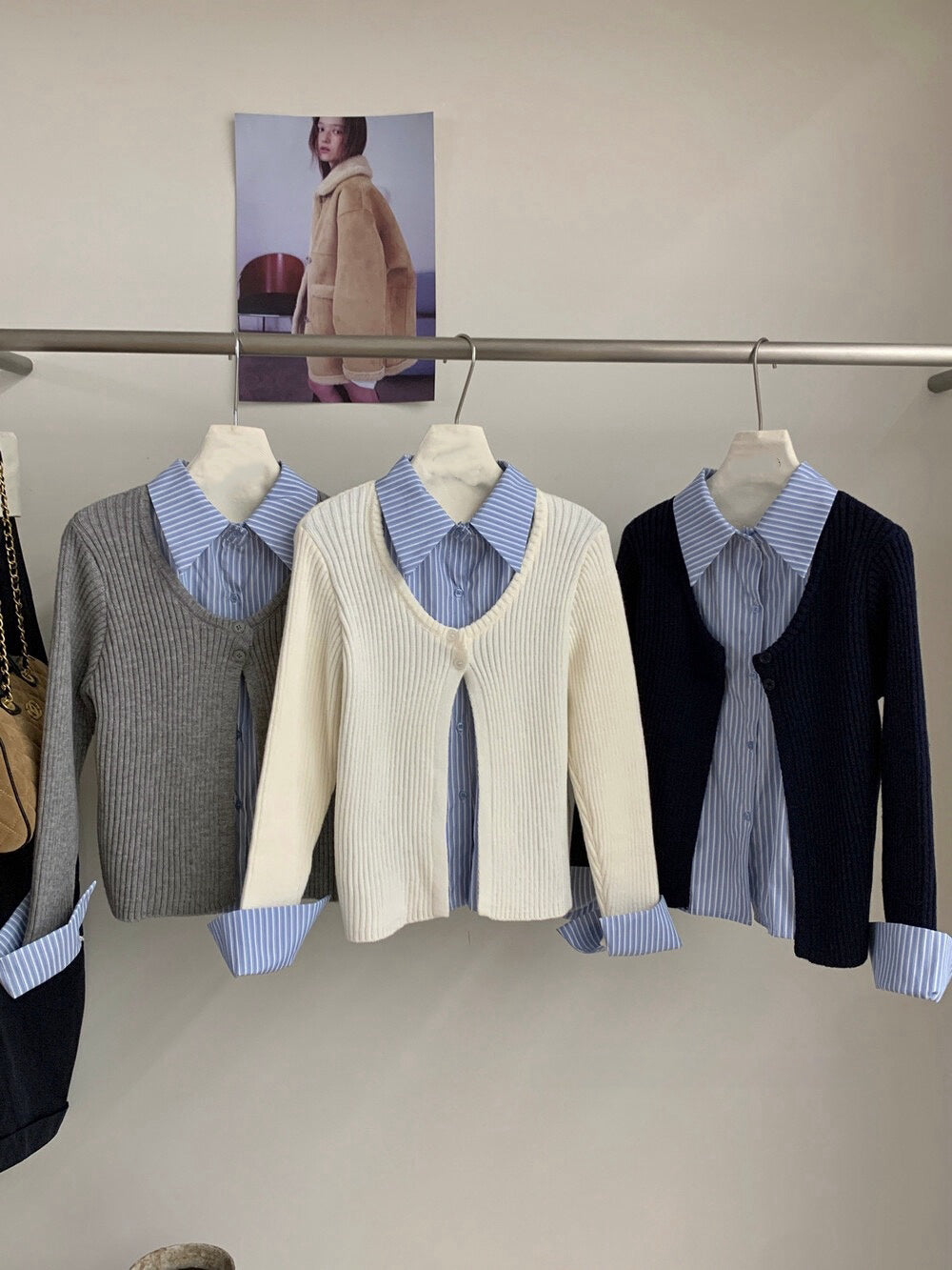 // 間條恤衫拼接針織外套假兩件上衣