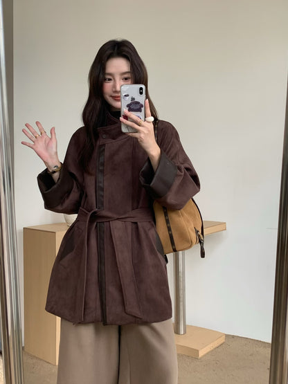 // 帥氣麂皮絨可立領拼皮外套