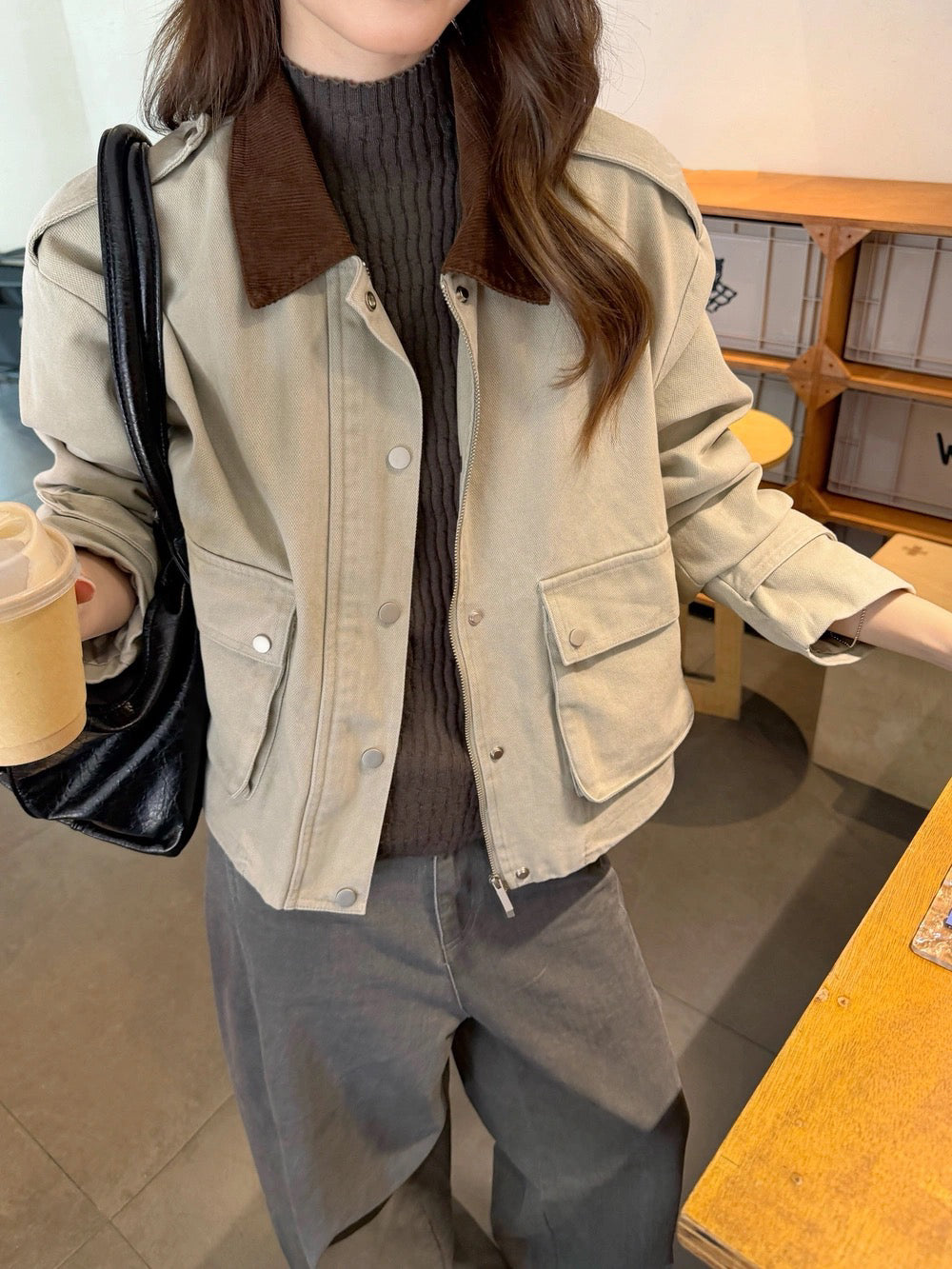 J35 / 撞色翻領短款口袋工裝外套