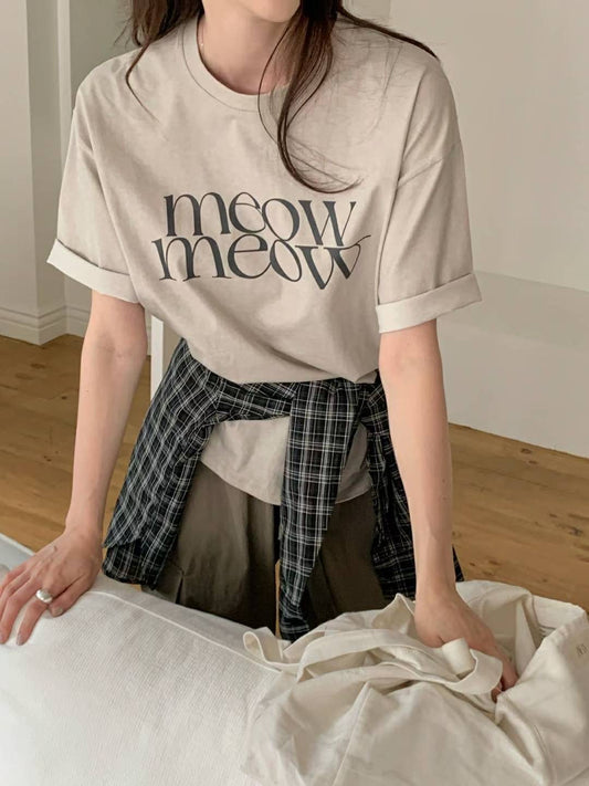 // 100%棉質復古配色’MEOW’字母TEE