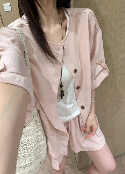 S25 / 輕薄棉麻反褶袖開胸上衣+背心+短褲三件套