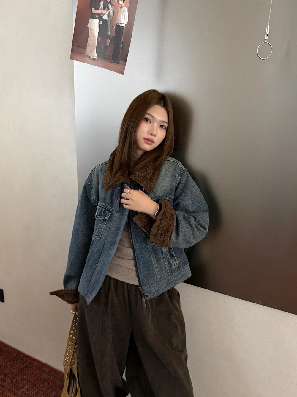 J57 / 復古洗水毛毛邊內薄夾棉牛仔外套