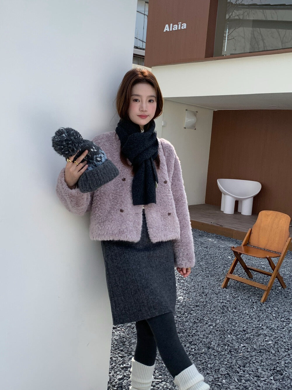 // V領雙排扣毛毛皮毛一體外套(連袋仔)