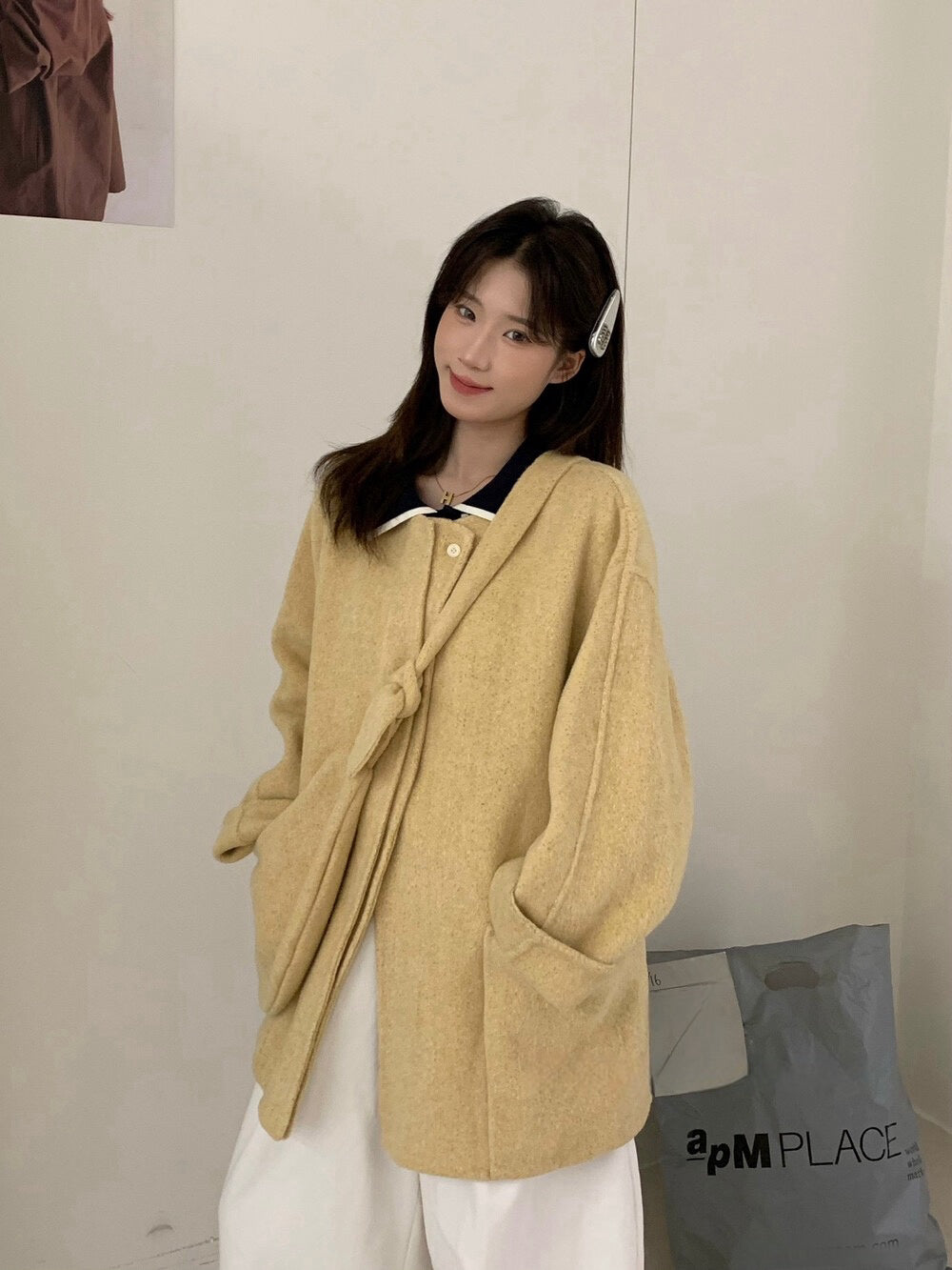 // 100%wool圓領大袋雙面毛呢外套(連袋仔)