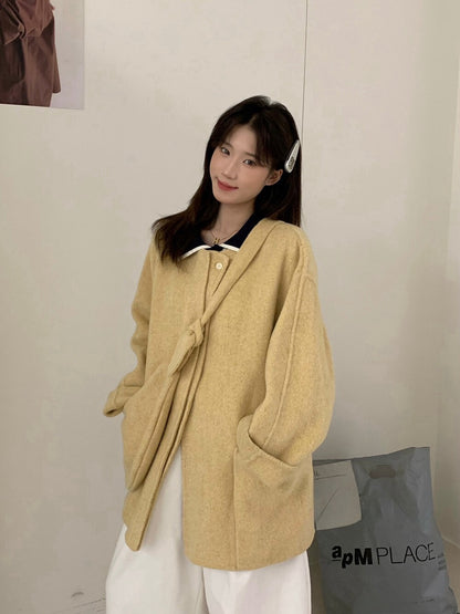 // 100%wool圓領大袋雙面毛呢外套(連袋仔)