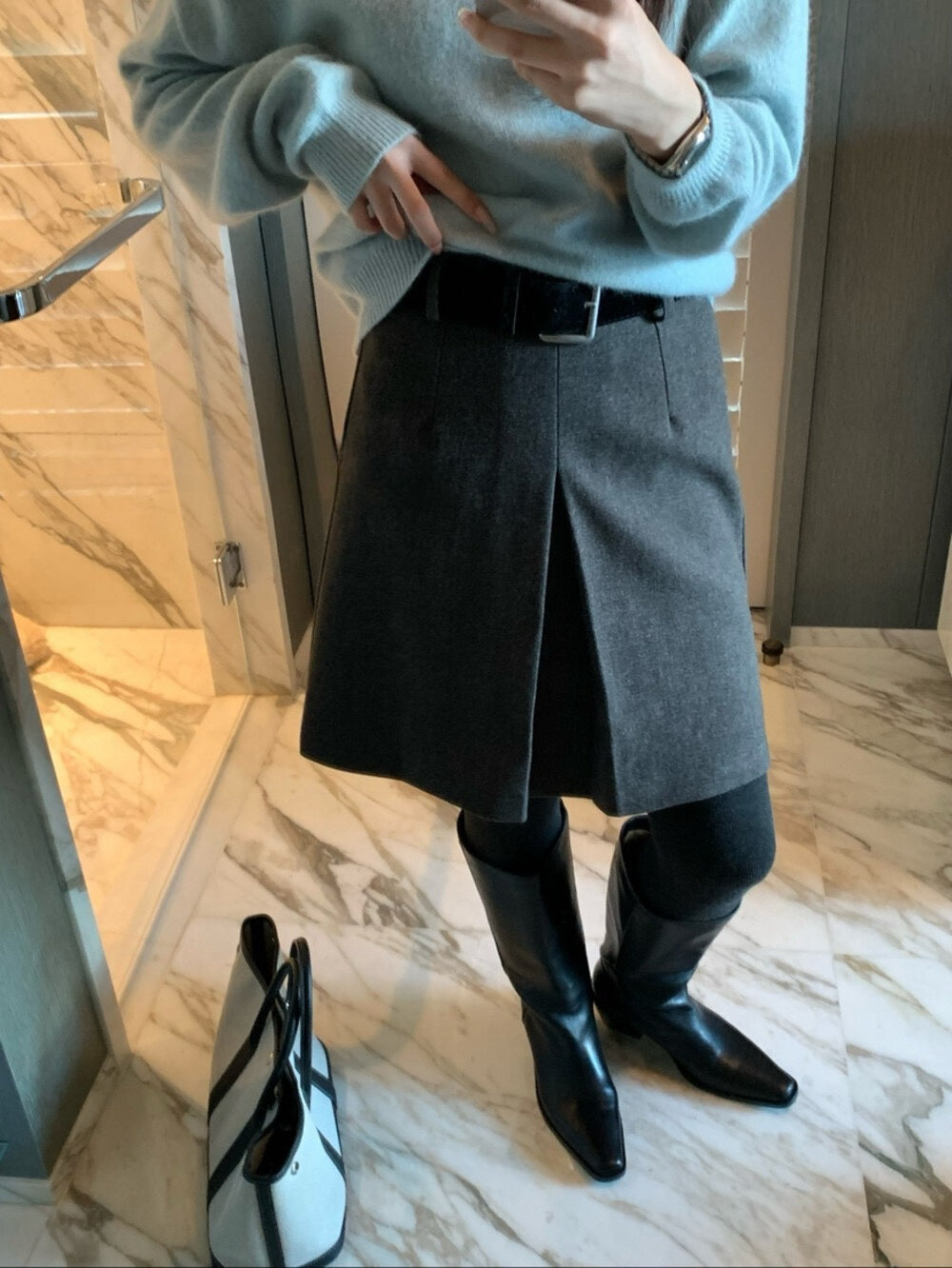 // 高級感雙層開叉五分毛呢裙