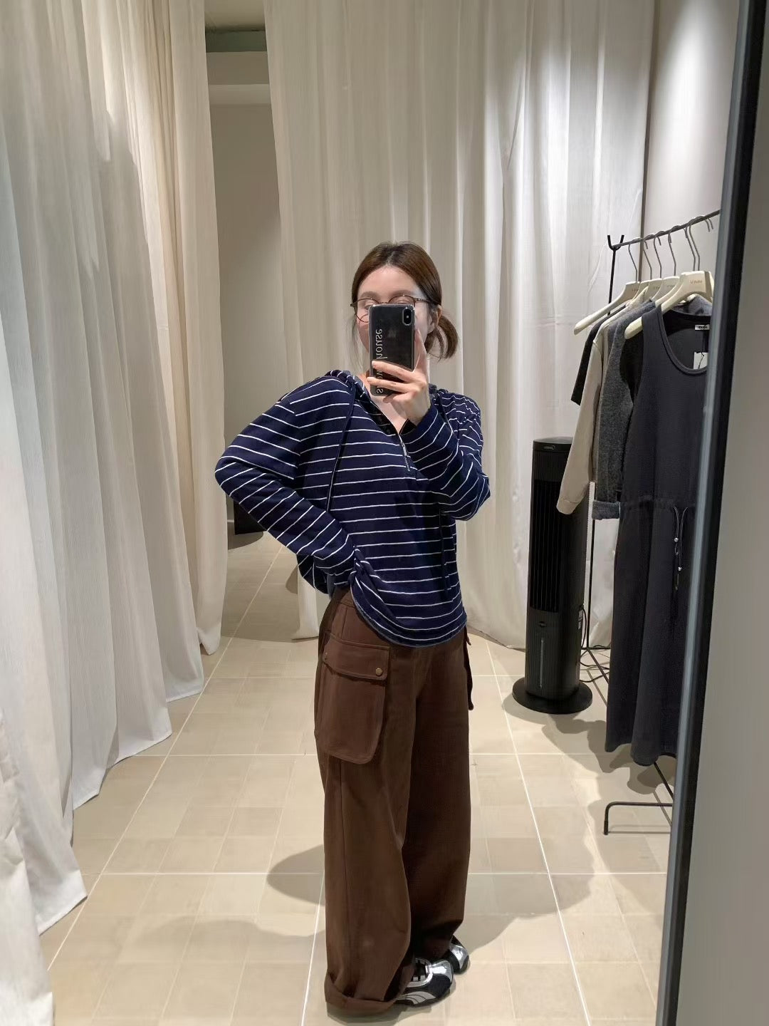 // 慵懶感連帽間條棉質上衣