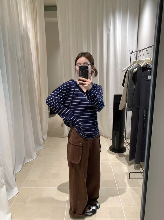 // 慵懶感連帽間條棉質上衣