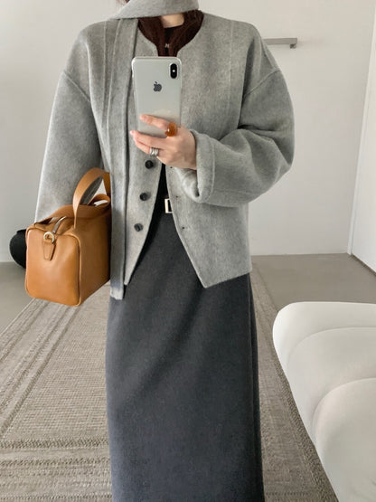 // 100%雙面羊毛handmade小V領連領帶外套