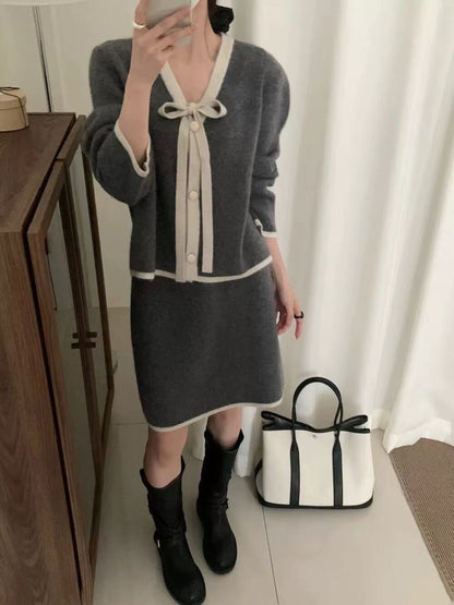 // 超軟糯撞色邊綁結開胸CD+短裙套裝(可分開單買)