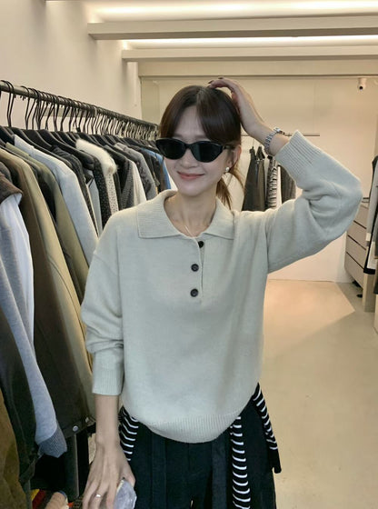 // 30%wool鈕扣直坑紋翻領毛衣