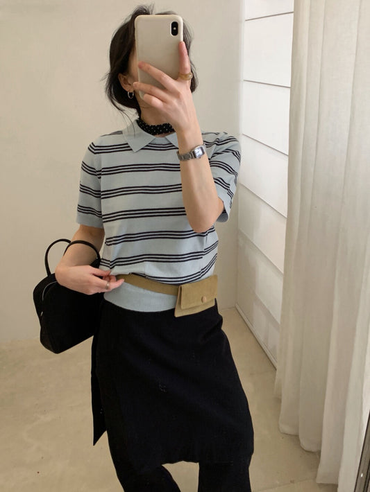 // Miu風翻領間條短袖NT