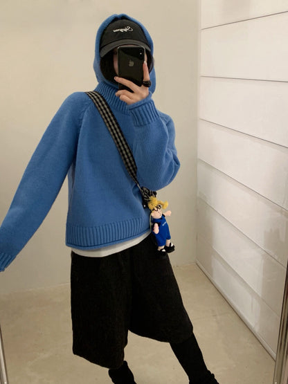 // 粗織紋領位連帽卷卷邊毛衣