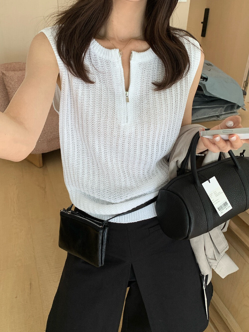 // 高級感半拉鍊直織紋背心
