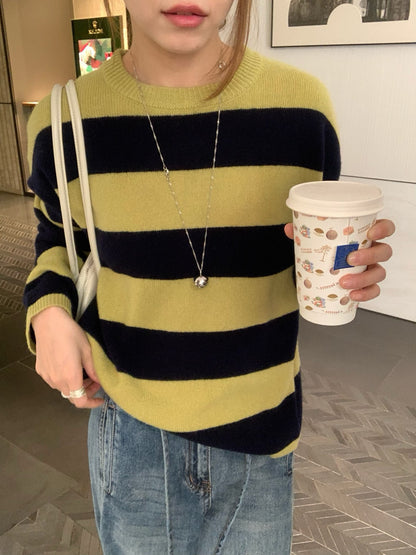 // 撞色粗間條100%羊毛圓領毛衣