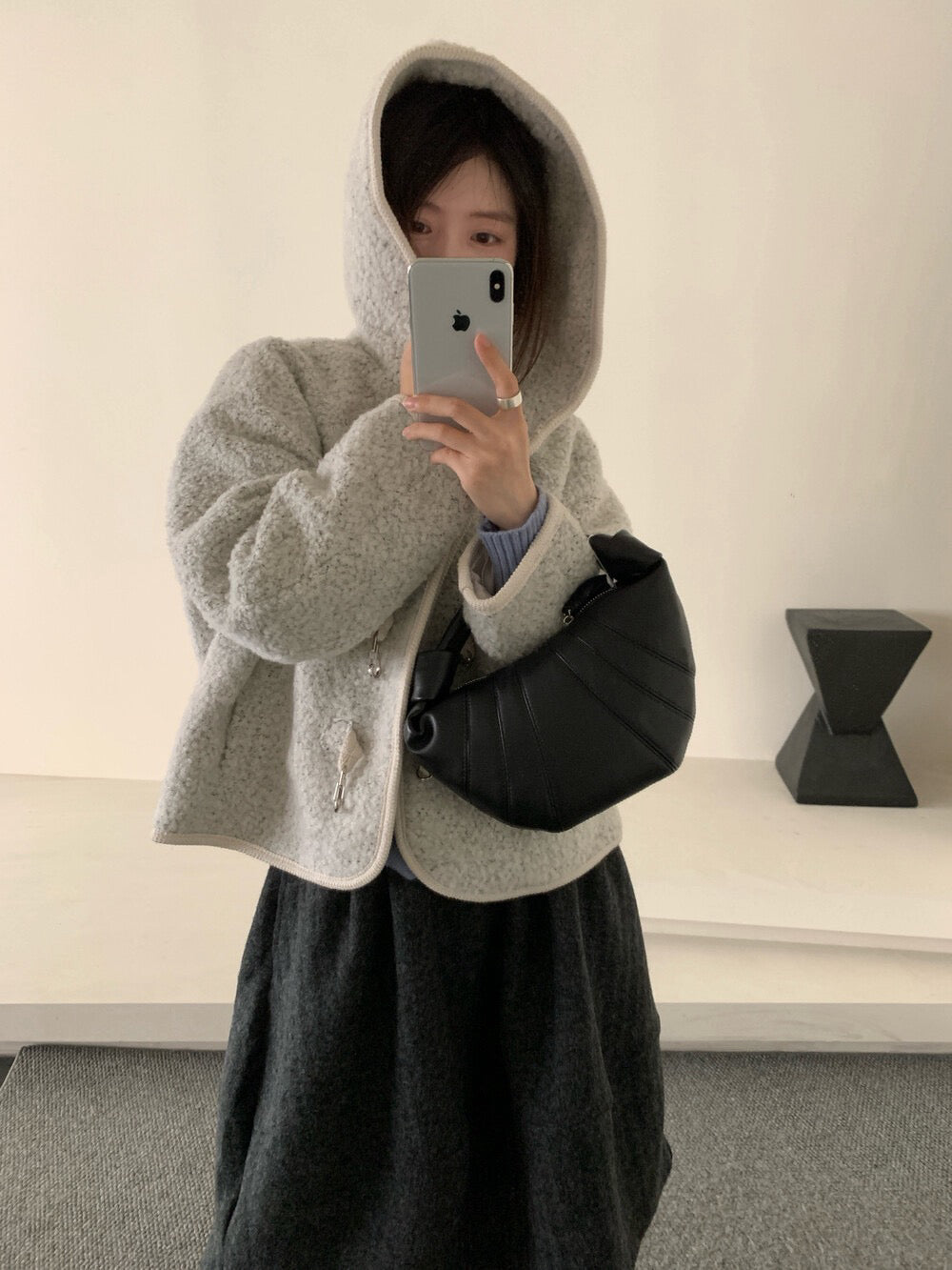 //65%羊毛特別鈕扣羊羔毛連帽外套