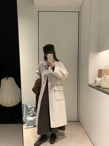 // 100%羊毛圓翻領三粒鈕扣長款手工外套