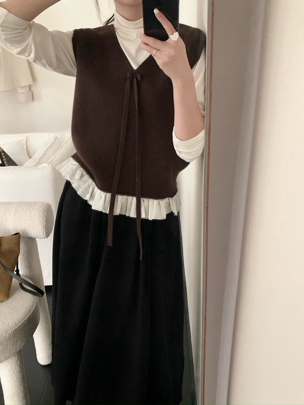 // 蝴蝶結設計拼接花邊針織背心+混羊毛打底套裝