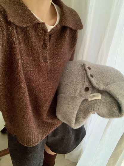 // 軟糯混兔毛花線鈕扣翻領毛衣