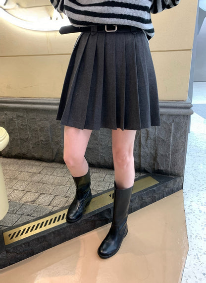 // 連腰帶毛呢料百褶短裙