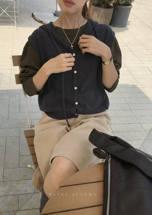 // 慵懶感連帽開胸針織背心