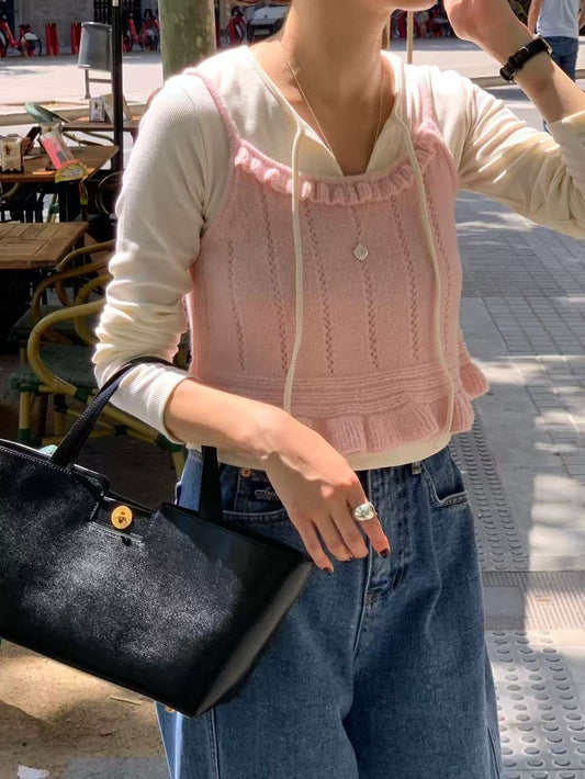 // 超美荷葉邊直間織紋小吊帶￼