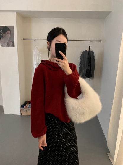 // 20%兔毛雙層荷葉領束袖口毛衣