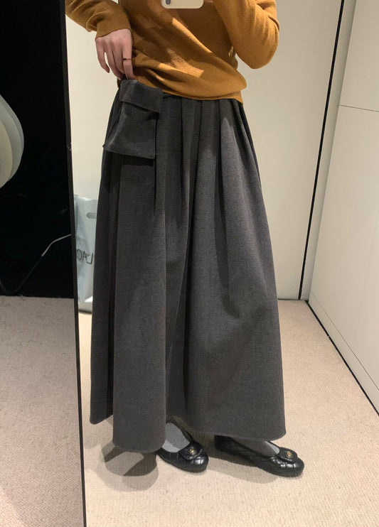 // 連腰包高品質毛呢壓褶中裙