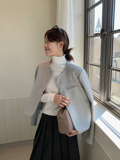 // 質感鈕扣10%wool弧邊薄毛呢外套