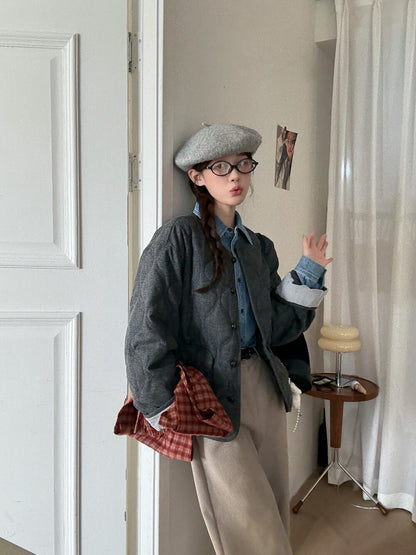 // 30%羊毛袖口拼接燈芯絨菱格夾棉外套