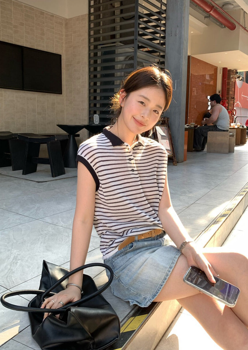 // 28%羊毛撞色邊polo間條針織背心