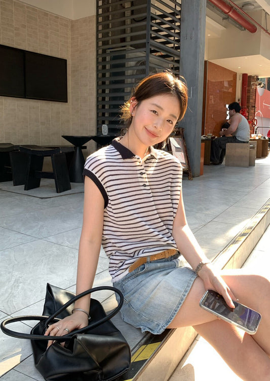 // 28%羊毛撞色邊polo間條針織背心