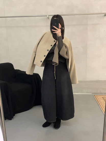 // 可拆針織帽短款圓領毛呢外套