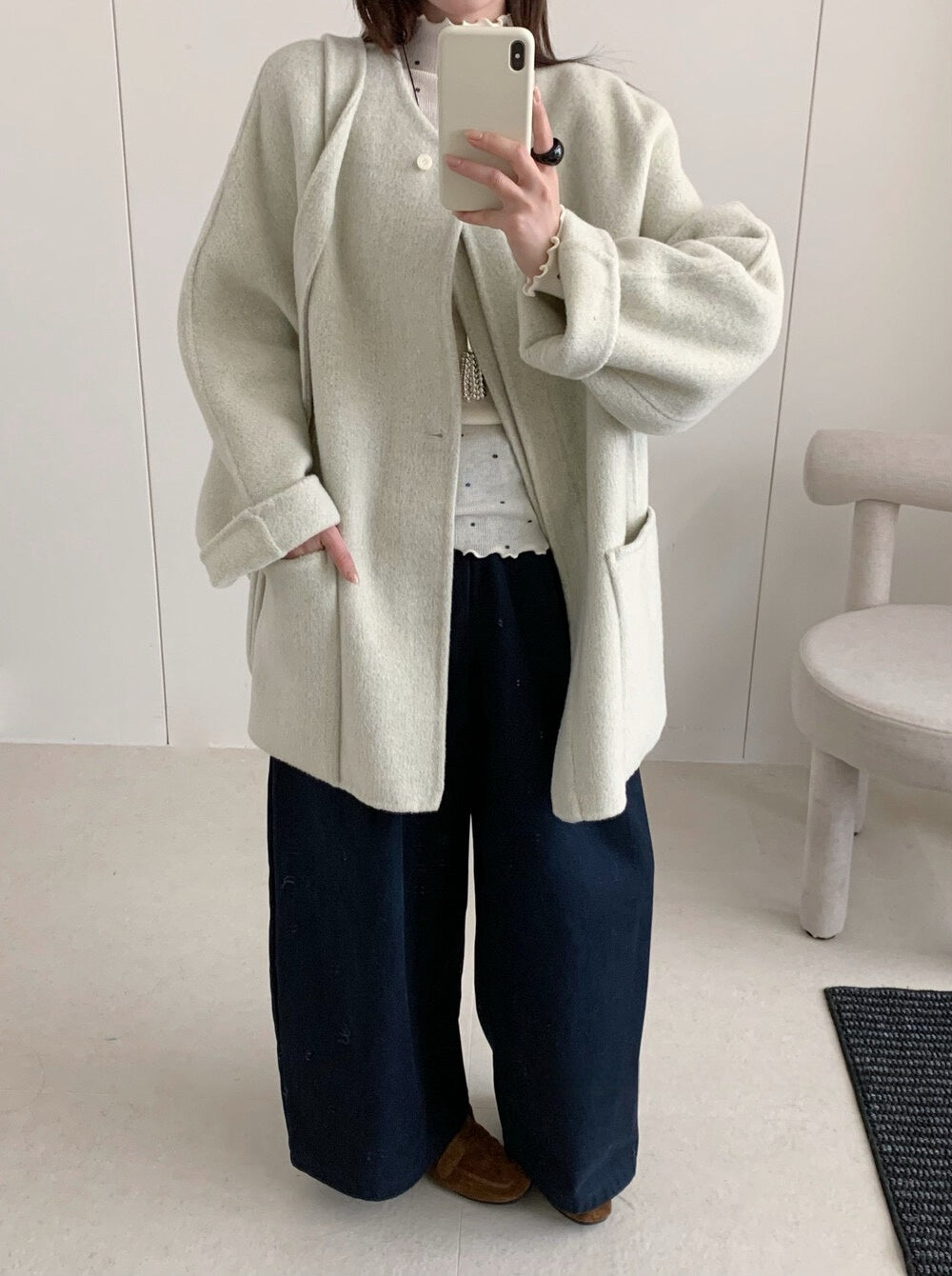 // 100%wool圓領大袋雙面毛呢外套(連袋仔)