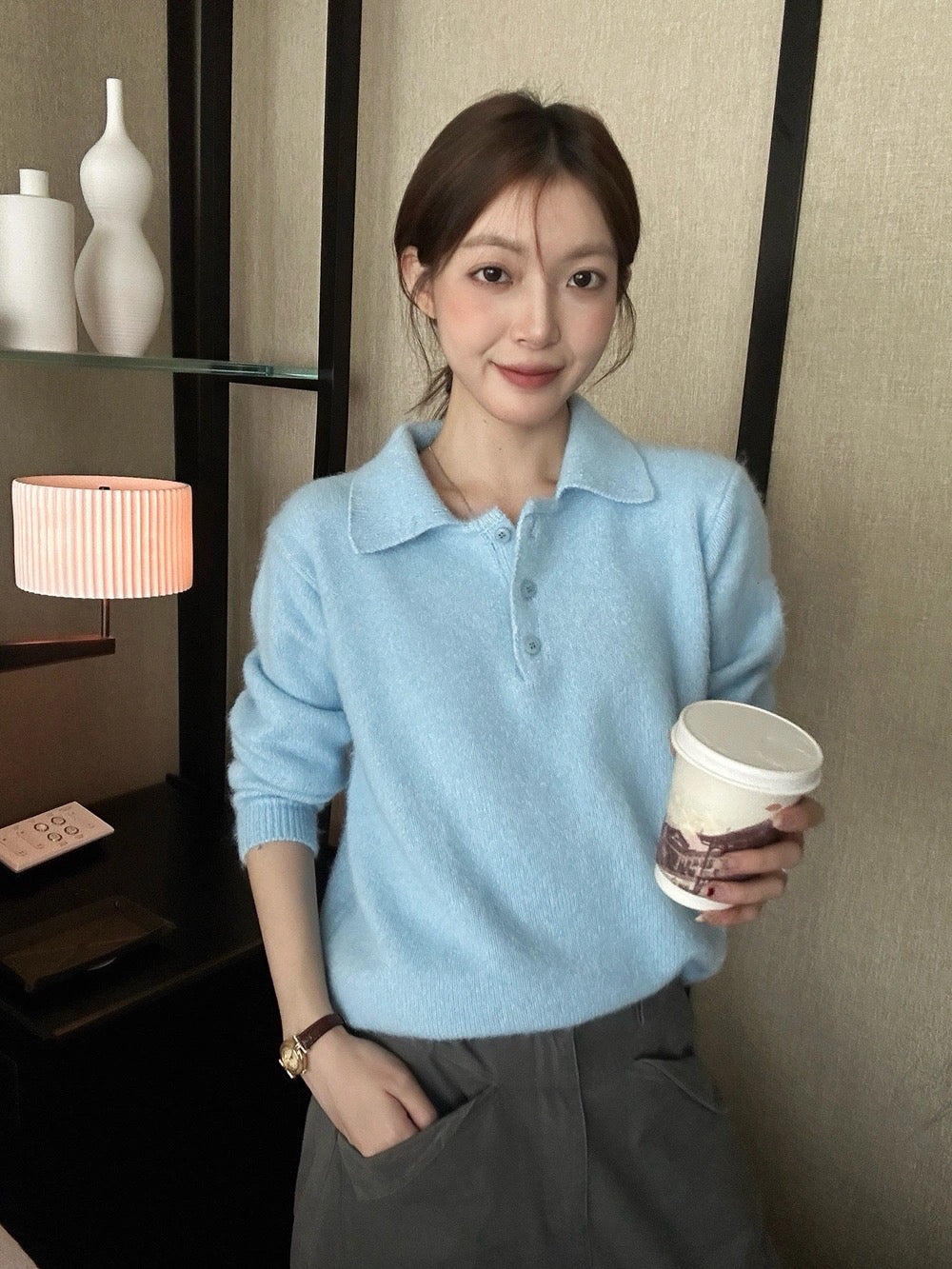 B197 / polo鈕扣軟糯絨毛感針織上衣