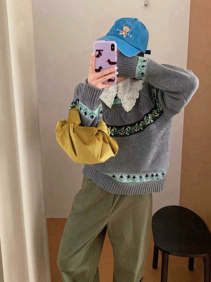 // 30%綿羊毛超美撞色花紋毛衣