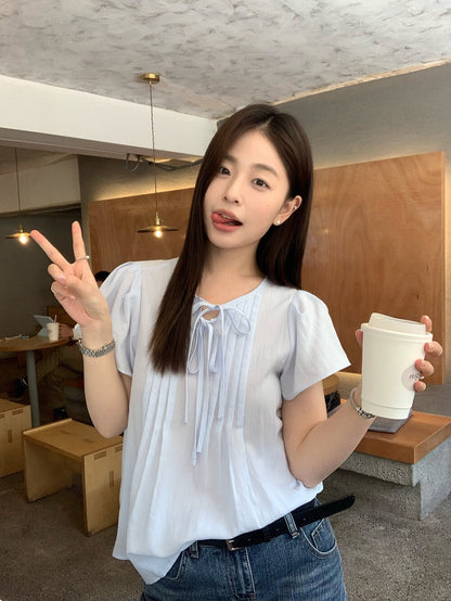 // 壓褶綁帶小飛袖BL