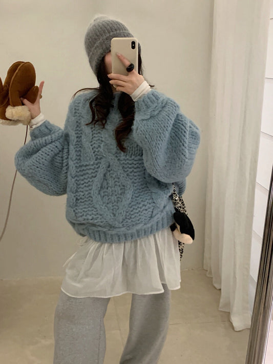 // 20%wool粗棒針麻花慵懶毛衣