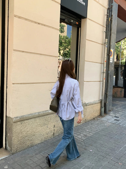 B59 / 直間條假兩件挺版口袋綁腰恤衫